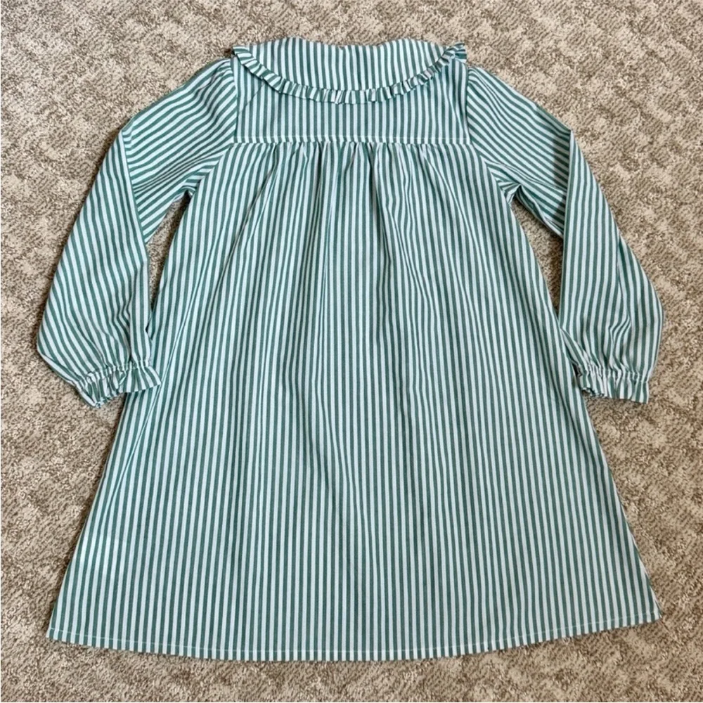 J.Crew Girls' Long-Sleeve Green Stripe Ruffle-Front Nightgown—S